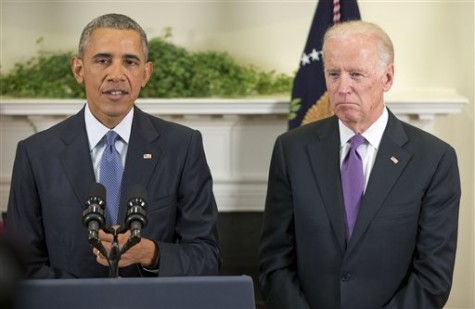 Vice President Joe Biden listens as President Barack Obama speaks about Afghanistan, Thursday, Oct. 15, 2015, in the Roosevelt Room of the White House in Washington. Obama announced that he will keep U.S. troops in Afghanistan when he leaves office in 2017, casting aside his promise to end the war on his watch and instead ensuring he hands the conflict off to his successor. (AP Photo/Pablo Martinez Monsivais)
