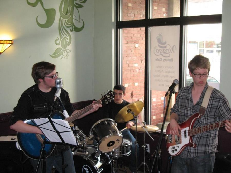 The Beats Between member Senior Mark Brennan (drums), 2010 NP grad Ryan Focht, and a former bass player at a gig at Veragos Cafe in Lansdale.