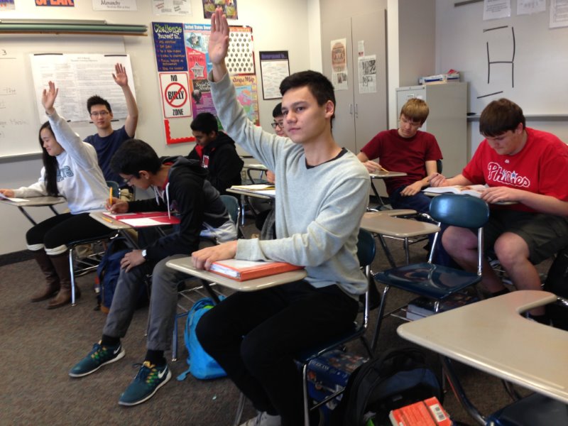 CALL ON ME: North Penn junior Owen Nakatani participates in a class discussion during Mr. Dwight Homans AP US History class at North Penn High School.
