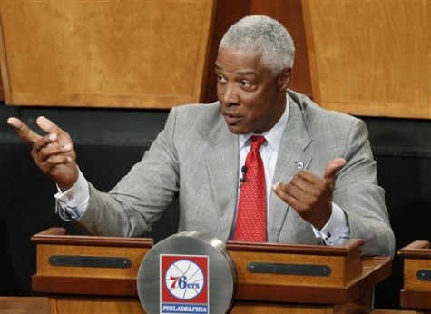 Philadelphia 76ers strategic consultant Julius Iriving is shown on stage during the NBA draft lottery in New York, Tuesday, May 20, 2014.  (AP Photo/Kathy Willens)