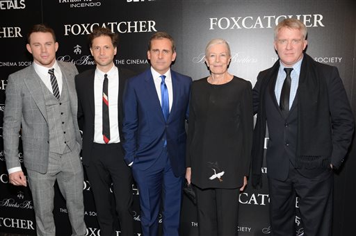 Actor Channing Tatum, left, director Bennett Miller, actors Steve Carell, Vanessa Redgrave and Anthony Michael Hall attend a special screening of Foxcatcher, hosted by the Cinema Society with Details and Brooks Brothers, at The Museum of Modern Art on Tuesday, Nov. 11, 2014, in New York. (Photo by Evan Agostini/Invision/AP)