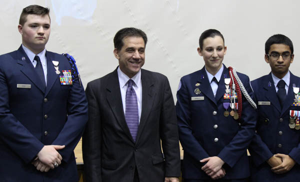 JROTC VALOR: Cadets Gain, Arnold, and Haque pose for a photo with NPSD Superintendent Dr. Curt Dietrich during a presentation on Wednesday, January 14 at NPHS. The cadets each received awards for valor. 