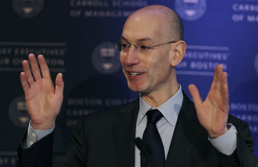 NBA commissioner Adam Silver gestures during an address, Wednesday, March 12, 2014, in Boston. Silver commented on some teams with losing records tanking towards the end of a season as an effort to rebuild through the NBA draft. (AP Photo/Charles Krupa)