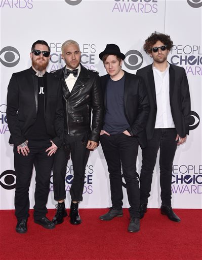 Andy Hurley, from left, Peter Wentz, Patrick Stump, and Joe Trohman of Fall Out Boy arrive at the Peoples Choice Awards at the Nokia Theatre on Wednesday, Jan. 7, 2015, in Los Angeles. (Photo by John Shearer/Invision/AP)