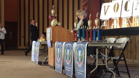 Mrs. Ellen McKee mans the podium while Mr. Kevin Manero MCs at North Penn's Annual Vocab Bowl.