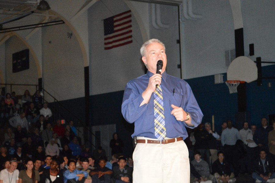 Mr. Burt Hynes, NPHS principal addresses the crowd during Don Ryans retirement ceremony on January 9th. Hynes will join Ryan in the ranks of retirement effective September 3rd, 2015. 