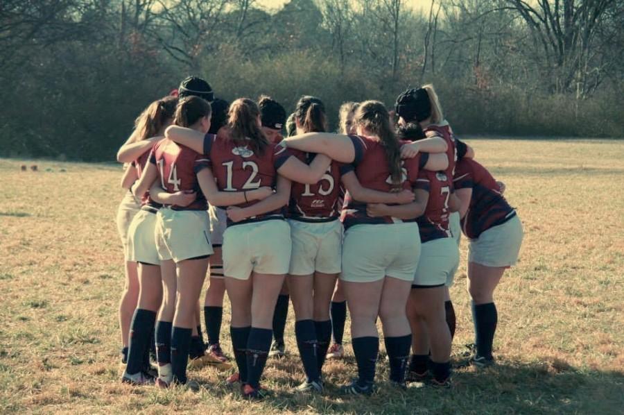 The Valkyries huddle together during their game on Sunday, March 8th at the Nash Bash rugby tournament in Nashville, Tennessee.
