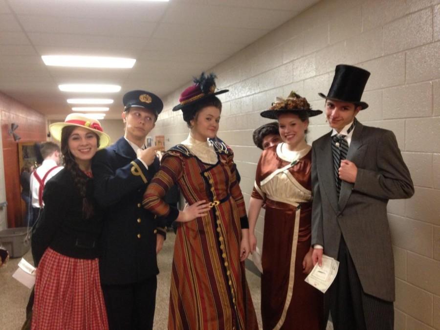 From left, Danica Clauser, Liam McKee, Melissa Fuhr, MaryBeth Bloomer, and Jonathan Klaus pose in costume after a successful preview of North Penn High School Theaters production of Titanic: The Musical.