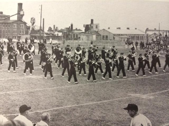 The 1965-1966 North Penn marching band performs at half-time.