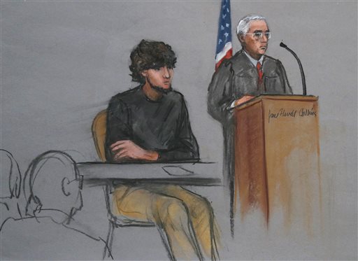 In this Jan. 5, 2015, file courtroom sketch, Boston Marathon bombing suspect Dzhokhar Tsarnaev, left, is depicted beside U.S. District Judge George OToole Jr., right, as OToole addresses a pool of potential jurors in a jury assembly room at the federal courthouse, in Boston. Lawyers for Boston Marathon bombing suspect Tsarnaev have asked a judge three times to move his trial out of Massachusetts because of the emotional impact of the deadly attack. Three times, the judge has refused. On Thursday, Feb. 19, Tsarnaevs defense team will ask a federal appeals court to take the decision out of the hands of OToole Jr. and order him to move the trial. They insist that Tsarnaev cannot find a fair and impartial jury in Massachusetts because too many people believe hes guilty and many have personal connections to the marathon or the bombings. (Jane Flavell Collins via AP, File)