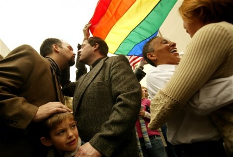 Same-sex couples Jason DiCotignano, left, Jay  DiCotignano, second from left,  Rosie Ramos, third from left, and Fanny Diaz, right, react after having been married by a rabbi outside of the Clark County Courthouse in Las Vegas, Saturday, Feb., 12, 2005. Both couples applied for and were denied marraige licenses before the ceremony took place.  Looking on the DiCotignano's son, Danton, age 5.(AP Photo/Joe Cavaretta)