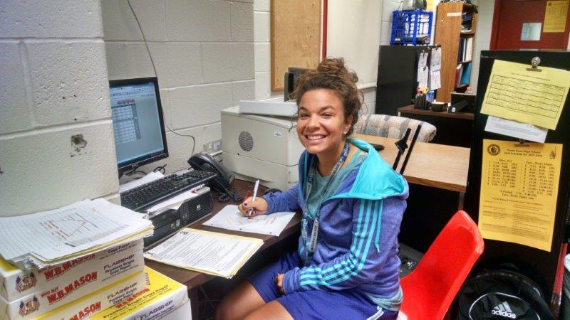 Fit for NPHS - Miss Laura Anthony, at her desk in the H/PE planning center, joins the NPHS staff this year.