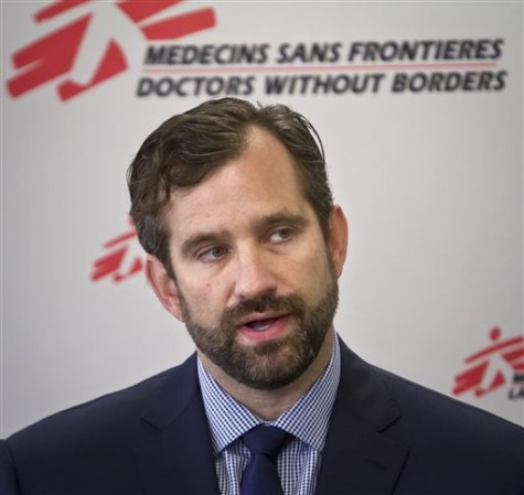 Jason Cone, U.S. executive director of Doctors Without Borders, speaks during a press conference Wednesday, Oct. 7, 2015, in New York calling for an independent, international investigation into the U.S. air strike on a hospital in Afghanistan that killed at least 22 people. (AP Photo/Bebeto Matthews)