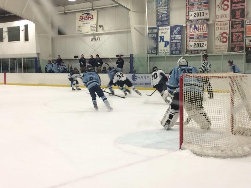 Knights Ice Rams: North Penn goalie Jake Snyder defends his net as the Knights skate past Pennridge 7-3 at Hatfield Ice on Wednesday evening.