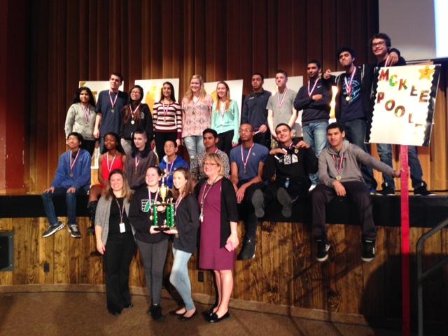 Mrs. Ellen McKee and Mrs. Rebecca Pooles fifth period English class, wearing their first place medals, proudly poses after being named Vocab Bowl champions