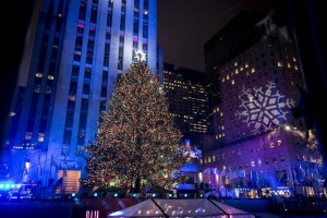The Rockelfeller tree illuminated in Rockefeller Center with 45,000 multi-colored LED lights. 