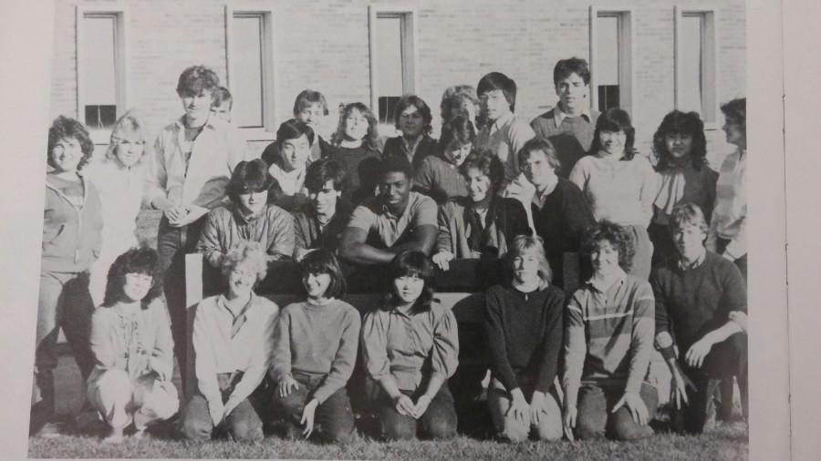 The 1984 International Friendship Club members accompanied by their exchange students from Ghana, Germany, Switzerland, Belgium, Argentina, Norway, and Spain.