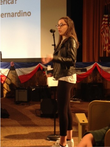 Senior Livia Stock argues passionately about gun rights. Stock was just one of the many students who was quick to share her opinion with her fellow delegates in the auditorium