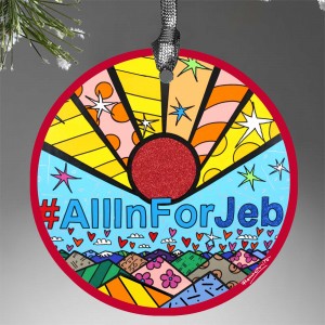 The #allinforjeb Christmas ornament hearkens back to the Hispanic Jeb's wife, Columba-- or at least attempts to.