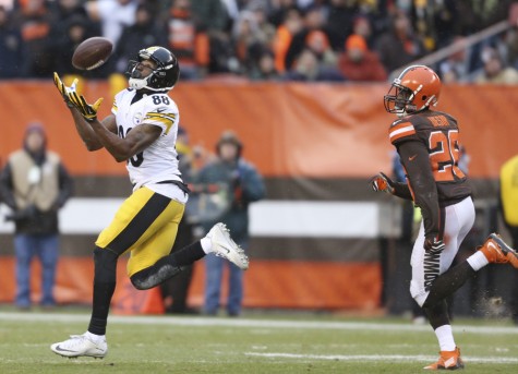 Pittsburgh Steelers wide receiver Darrius Heyward-Bey (88) catches a long pass for a first down as Cleveland Browns cornerback Pierre Desir (26) watches during the second half of an NFL football game, Sunday, Jan. 3, 2016, in Cleveland. (AP Photo/Ron Schwane) 