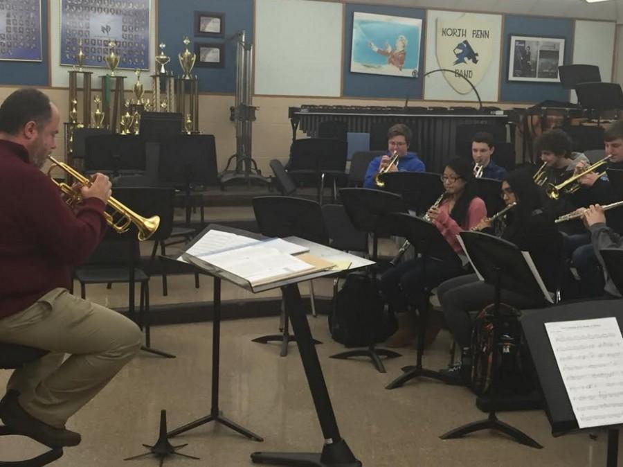 Band director Mr. Michael Britcher practices with one of his band classes. Music classes hold countless opportunities for students and are offered to fit into any students schedule.