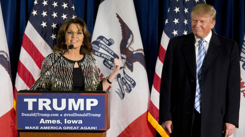 Former Alaska Gov. Sarah Palin endorses Republican Donald Trump for president in Ames, Iowa, on Tuesday, January 19th. (Mary Altaffer/AP)