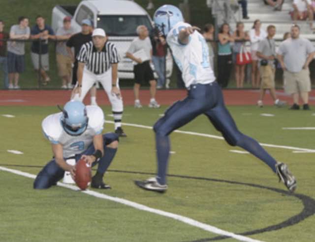 Kicking into the NFL: Brandon McManus, an 2009 NPHS grad, shown here while playing for North Penn, will kick for the Denver Broncos this Sunday on the Super Bowl.