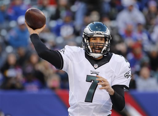 FILE - In this Sunday, Jan. 3, 2016 file photo, Philadelphia Eagles quarterback Sam Bradford (7) passes the ball against the New York Giants during an NFL football game in East Rutherford, N.J. Sam Bradford has agreed to a two-year contract with the Philadelphia Eagles, Tuesday, March 1, 2016. (AP Photo/Julio Cortez, File)