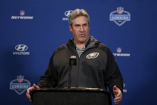 Philadelphia Eagles head coach Doug Pederson speaks during a press conference at the NFL football scouting combine in Indianapolis, Wednesday, Feb. 24, 2016. (AP Photo/Michael Conroy)