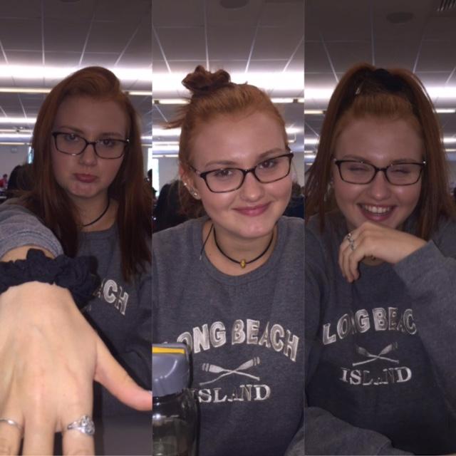 Olivia Galligan, student at North Penn High School, models her scrunchie in a variety of ways, including as a bracelet, top knot, and ponytail.