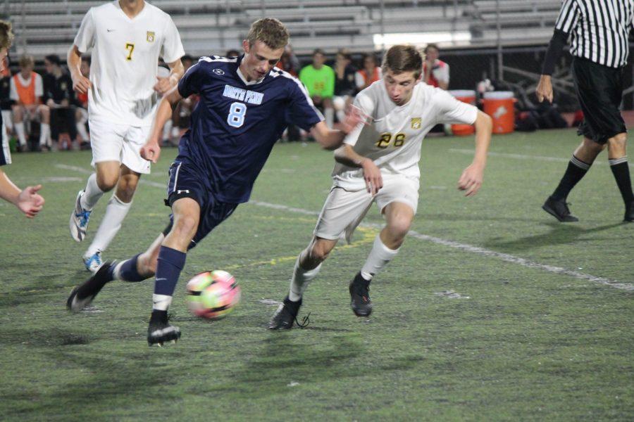 Although the North Penn Mens Soccer team experienced a loss against Central Bucks West, the team played strong. North Penn was able to keep more possession of the ball thanks to the solid efforts of seniors, like Mike Kohler (pictured above).