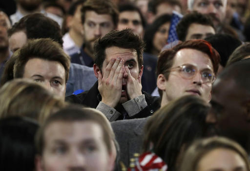 Supporters react to election results during Democratic presidential nominee Hillary Clintons election night rally in the Jacob Javits Center glass enclosed lobby in New York, Tuesday, Nov. 8, 2016. (AP Photo/Frank Franklin II)