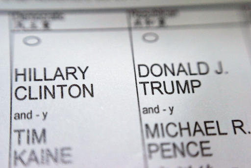 A New York City election ballot shows the names of Democratic presidential candidate Hillary Clinton and Republican presidential candidate Donald Trump on Tuesday, Nov. 8, 2016. (AP Photo/Patrick Sison)