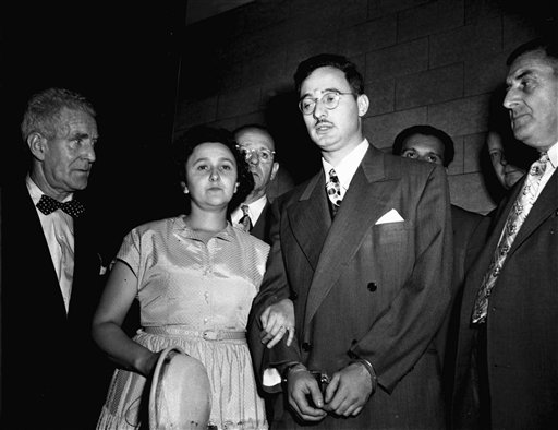 FILE -  In this 1951 file photo, Ethel and Julius Rosenberg are shown during their trial for espionage in New York.  The couple is accused of conspiring to recruit her brother, David Greenglass, into gathering classified information concerning the atomic bomb for the Soviet Union. The federal government has unsealed new grand jury testimony in the sensational Cold War spying case of Julius and Ethel Rosenberg. The couple was executed in 1953 after being convicted in New York of conspiring to give atomic secrets to the Soviets. The previously sealed testimony is from David Greenglass, the brother of Ethel Rosenberg and the governments star witness in the trial. (AP Photo, File)