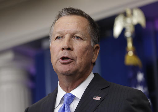 FILE - In this Sept. 16, 2016, file photo, Ohio Gov. John Kasich speaks during the daily news briefing at the White House in Washington. Kasich signed a bill Tuesday, Dec. 13, 2016, imposing a 20-week abortion ban while vetoing stricter provisions in a separate measure that would have barred the procedure at the first detectable fetal heartbeat.  (AP Photo/Carolyn Kaster, File)
