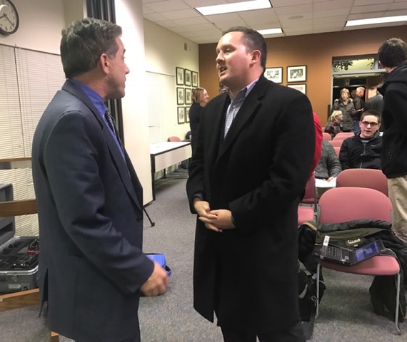 From left: Dr. Curt Dietrich, Superintendent of NPSD, and Patrick McGee Jr. chat after the Thursday evenings School Board meeting. In a 6-2 vote, the Board voted in favor of McGee over Tina Stoll.