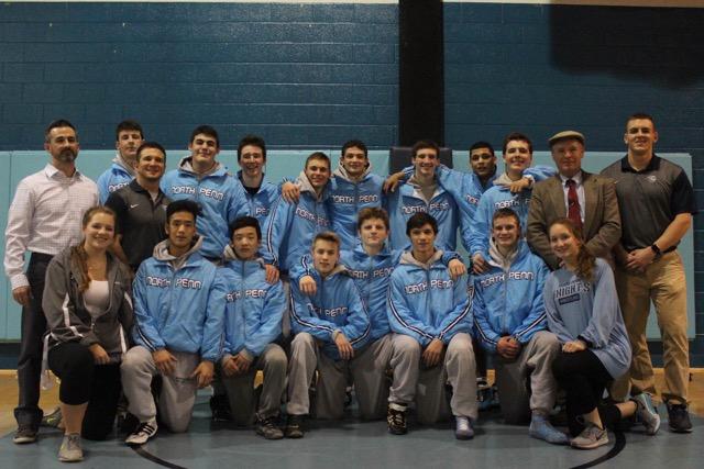The North Penn Wrestling Team poses for a photo from Wednesday evenings home match against Souderton, which was also their senior night, resulting in a victory of 50-15.