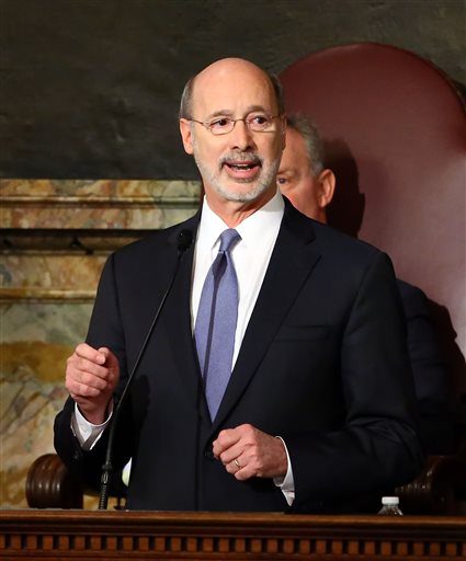 Gov. Tom Wolf, delivers his budget address for the 2016-17 fiscal year to a joint session of the Pennsylvania House and Senate at the State Capitol in Harrisburg Pa., Tuesday, Feb. 9, 2016. (AP Photo/Chris Knight)