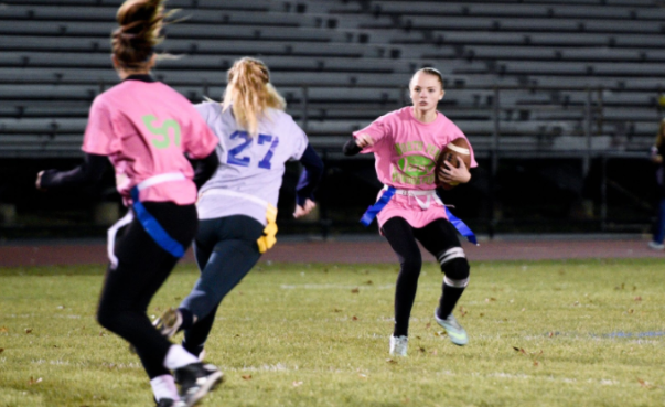 Junior Kathryn Von Abo looks for a way around the sophomore defense. 