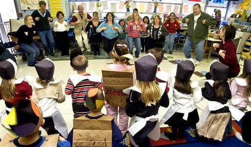 Mahoning-Cooper Elementary School kindergarten students, dressed as pilgrims and Indians, show their parents and grandparents how to do the Mr. Turkey Gobble in teacher June Heeters classroom in Danville, Pa., on Thursday, Nov. 20, 2008. The song and dance was part of the classs Thanksgiving celebration. (AP Photo/Bloomsburg Press Enterprise, Bill Hughes)