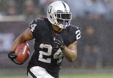 Oakland Raiders running back Marshawn Lynch (24) runs against the Denver Broncos during the second half of an NFL football game in Oakland, Calif., Sunday, Nov. 26, 2017. The Raiders won 21-14. (AP Photo/Ben Margot)