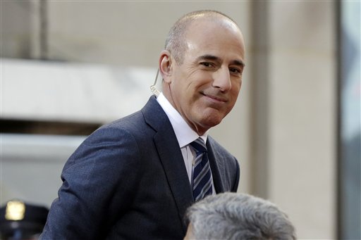 Matt Lauer, co-host of the NBC Today television program, appears on set in Rockefeller Plaza, in New York, Thursday, April 21, 2016. (AP Photo/Richard Drew)