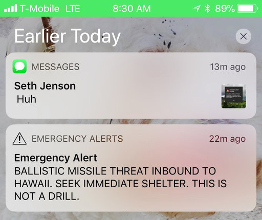 This smartphone screen capture shows a false incoming ballistic missile emergency alert sent from the Hawaii Emergency Management Agency system on Saturday, Jan. 13, 2018. (AP Photo/Marco Garcia)