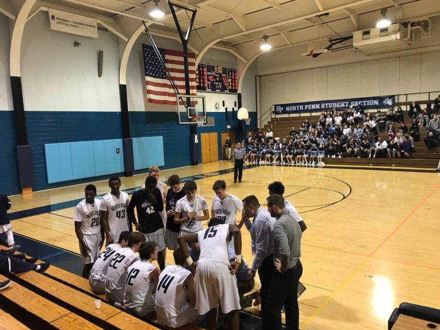 BASKETBALL- The North Penn Knights Boys Basketball team huddles up during their conference game against the CB West Bucks.