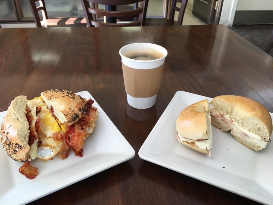 CUISINE- Pictured here are two of the bagels Doug Bell ordered while reviewing the Everything Bagel Cafe.