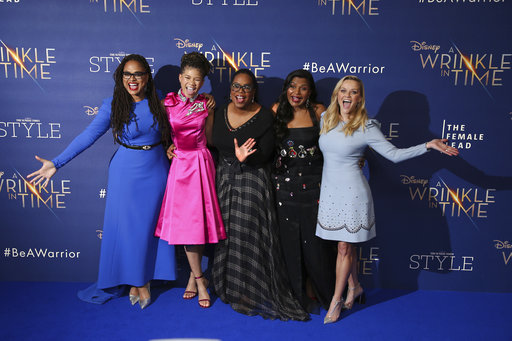 Director Ava DuVernay, from left, actresses Storm Reid, Oprah Winfrey, Mindy Kaling and Reese Witherspoon pose for photographers upon arrival at the premiere of the film A Wrinkle In Time in London, Tuesday, March 13, 2018. (Photo by Joel C Ryan/Invision/AP)