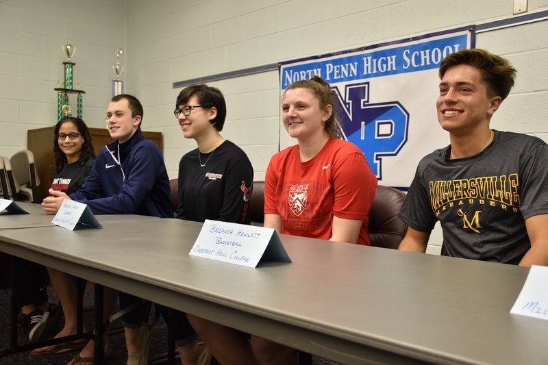 Five+North+Penn+HS+student-athletes+signed+letters+of+intent+to+play+collegiate+sports+next+year%2C+Pictured+from+left+to+right+Rosalinda+Rivera%2C+Aidan+Daly%2C+Abbegae+Greene%2C+Bri+Hewlett%2C+and+Frank+Yanni.