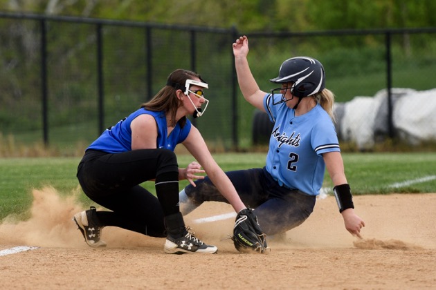 SOFTBALL-+Emily+Groarke+slides+onto+base+in+the+Knights+3-0+win+over+CB+South.