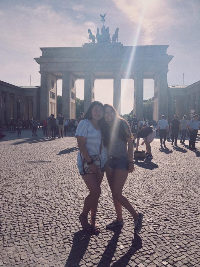 Ashley Han (left) and a friend at the Brandenburg gate in Berlin, Germany.