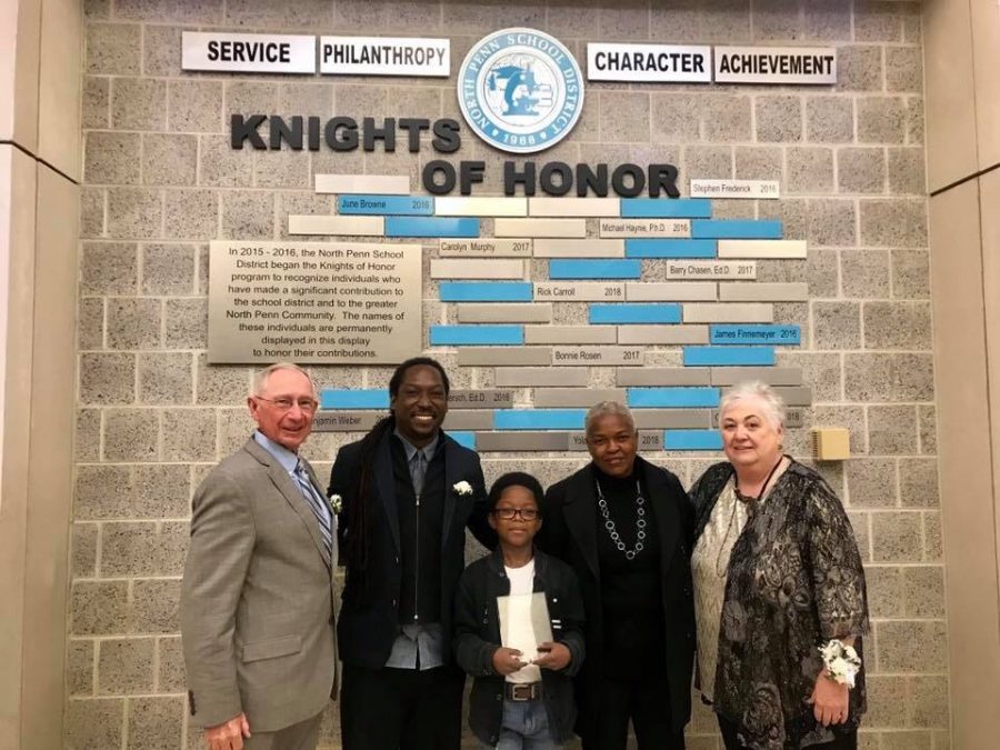 HONOR and INFLUENCE: Rick Carroll (left) Yolanda Wisher (family pictured in center), and and Cindy Louden (right) were inducted into te Knights of Honor class of 2018 on Friday night, October 26, at North Penn High School.
